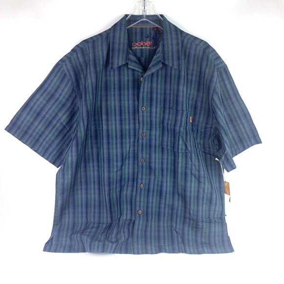 Oobe 100% Silk SS Button Down Shirt Mens Sz L Blue Green Stripe Casual Vacation - Picture 1 of 15